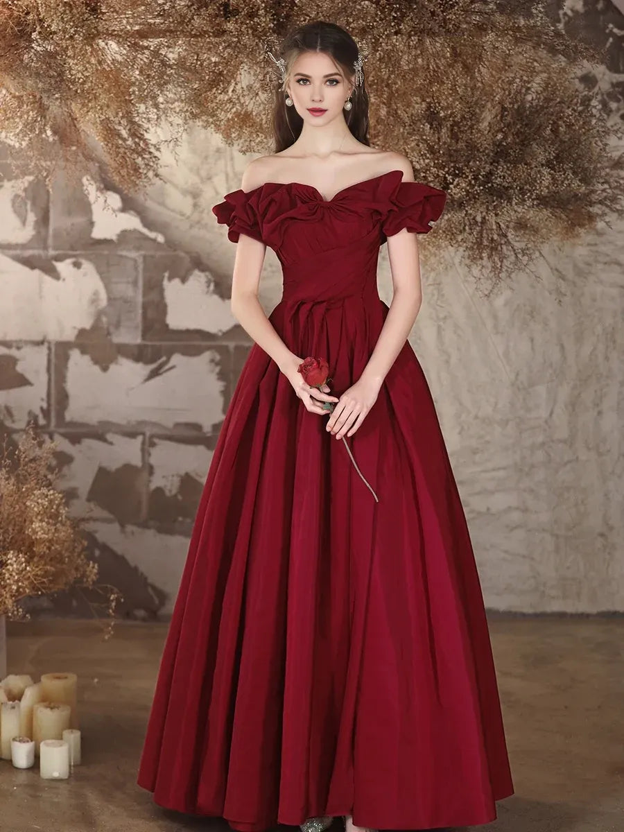 Wholesale A-Line Off Shoulder Satin Burgundy Long Prom Dress gowns evening dresses